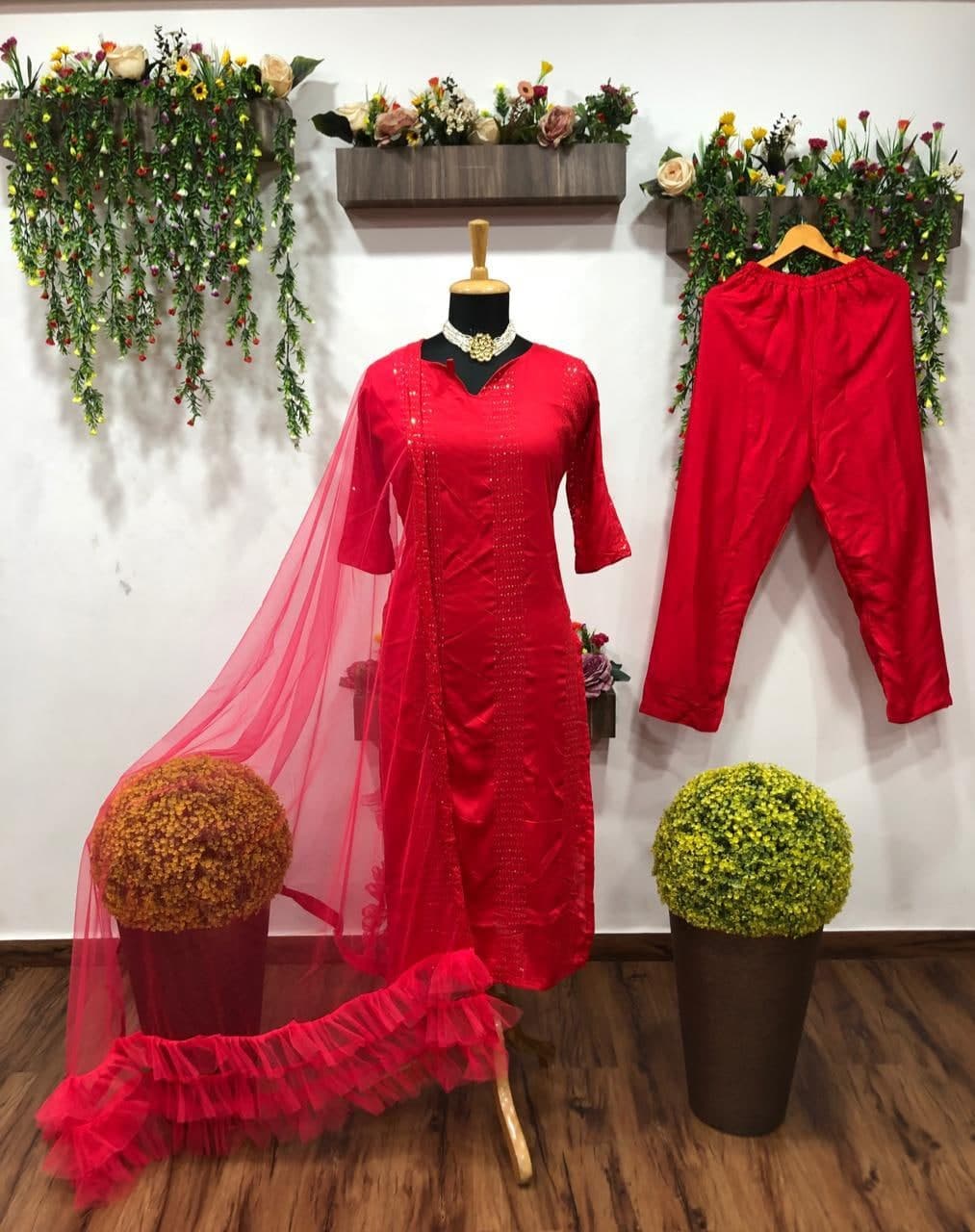 Decent Red Color Full Stitched Sequence Work Salwar Suit For Women
