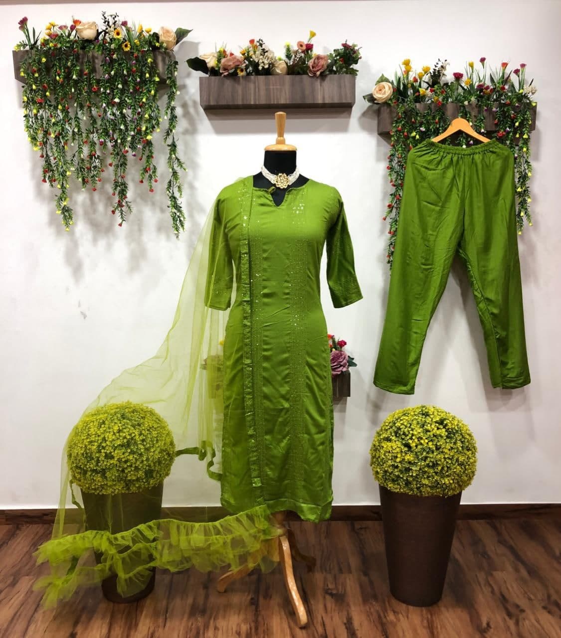 Sensational Green Color Ready Made Rayon Sequence Work Designer Salwar Suit For Ladies
