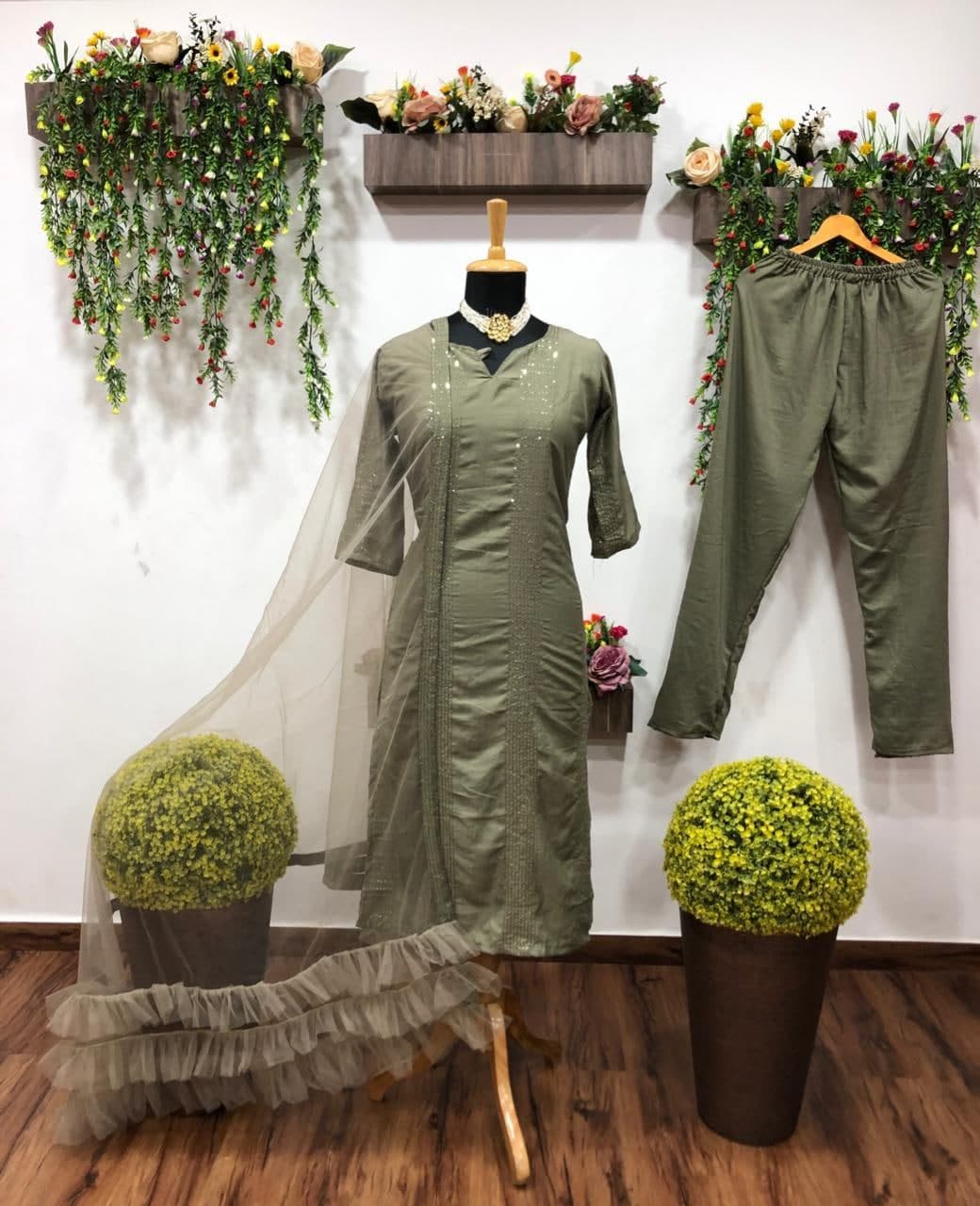 Admiring Grey Color Function Wear Rayon Thread Work Full Stitched Salwar Suit