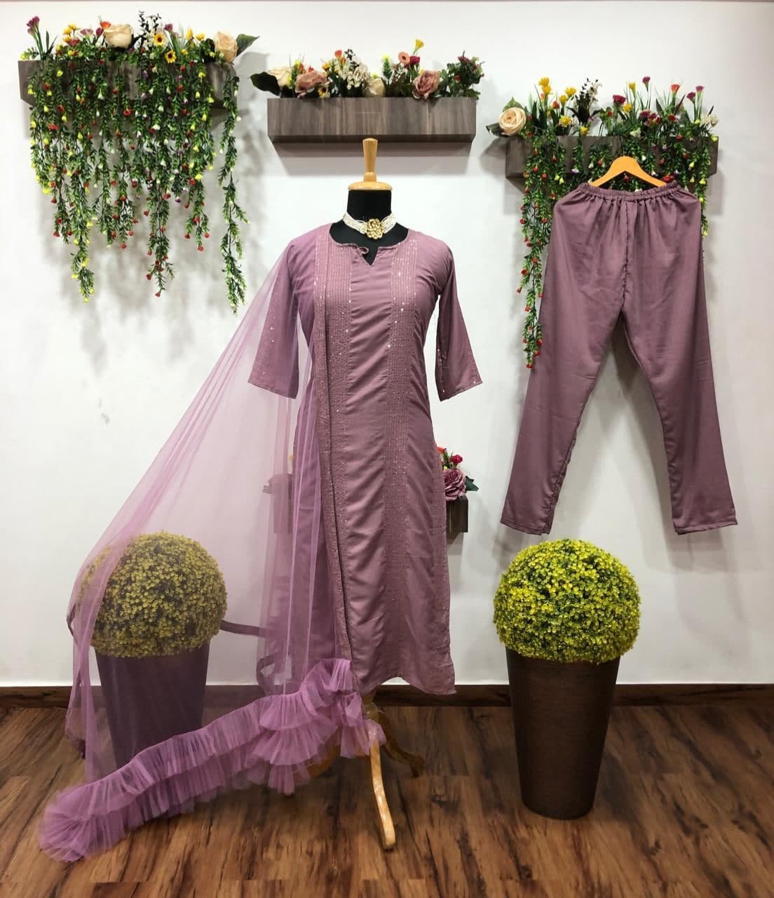 Party Wear Violet Color Fancy Sequence Work Rayon Ready Made Salwar Suit For Ladies