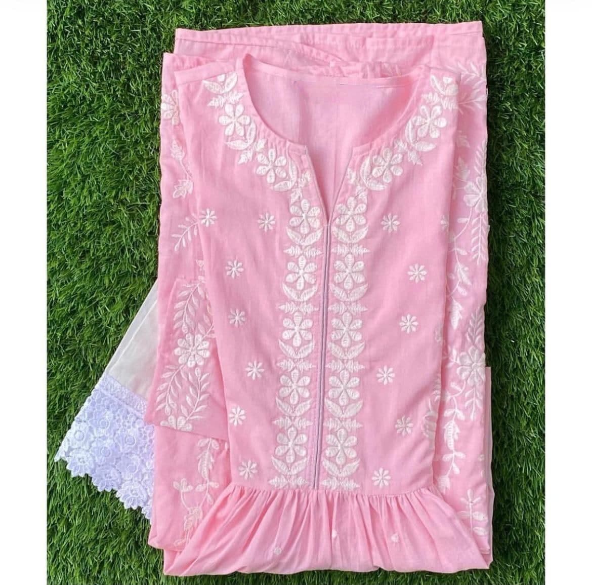 Mind-blowing Pink Color Full Stitched Cotton Embroidered Work Pent Kurti