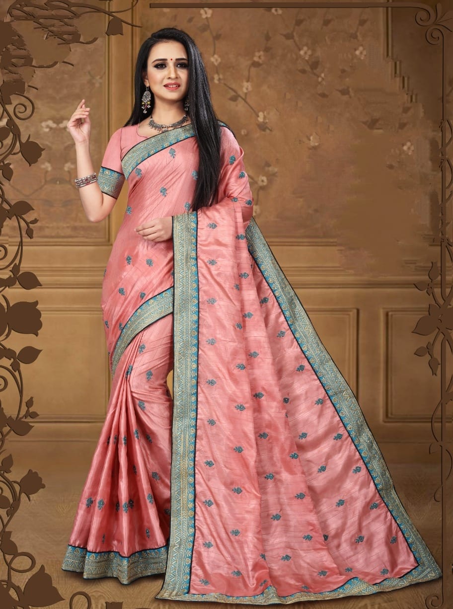 Outstanding Light Pink Color Wear Embroidered Work Lace Vichitra Silk Beautiful Designer Saree Blouse