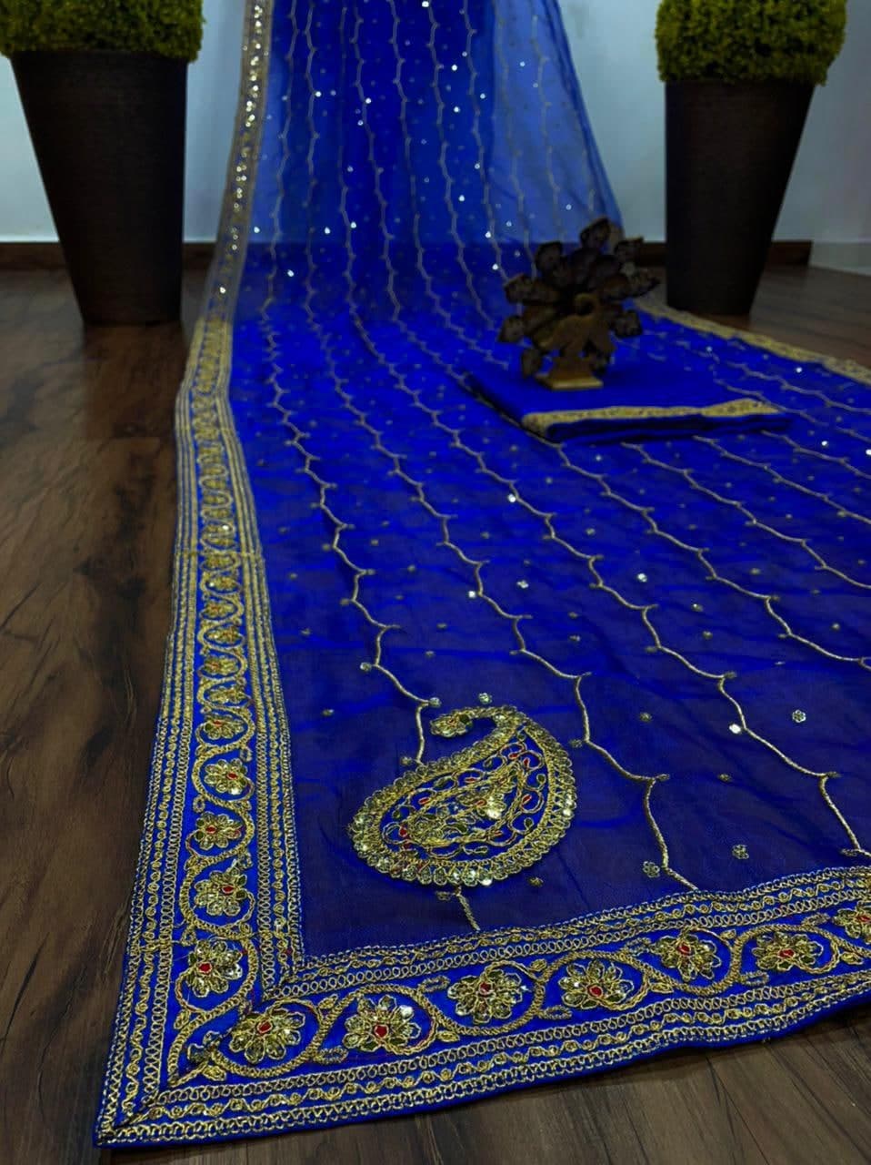 Outstanding Royal Blue Color Silk Organza Patch Work Saree Blouse For Women