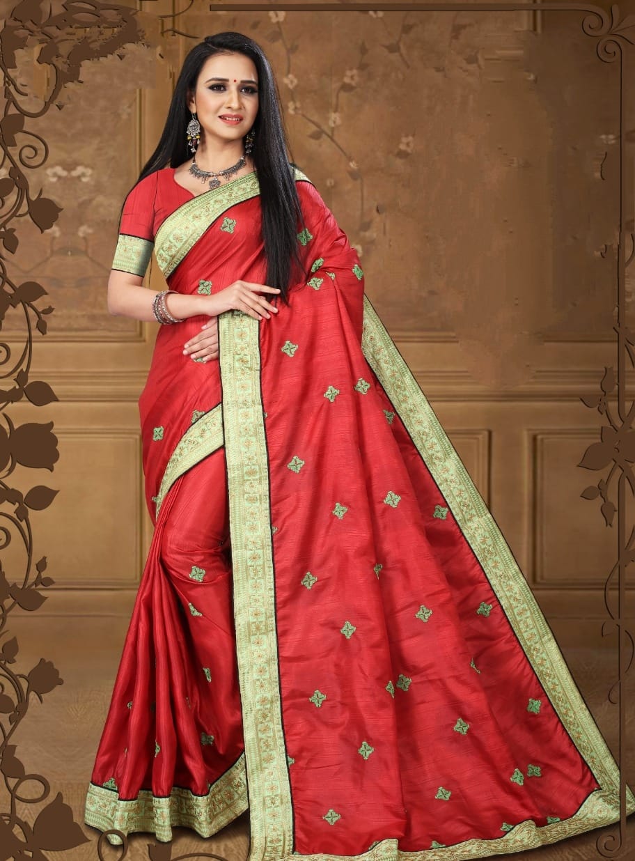 Astonishing Red Color Fancy Vichitra Silk Beautiful Embroidered Work Lace Designer Saree Blouse For Festive Wear