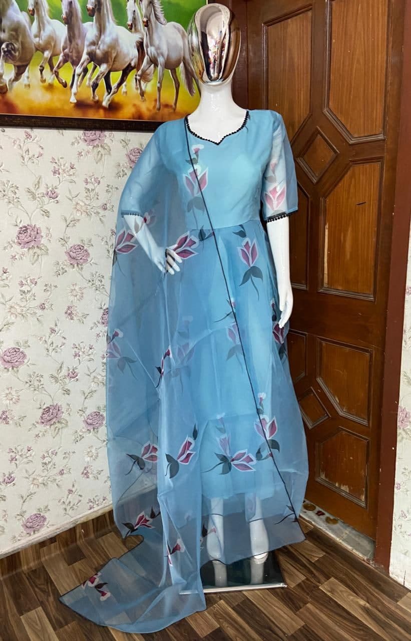 Stunning Blue Color Organza Cotton Silk Digital Printed Salwar Suit For Ladies