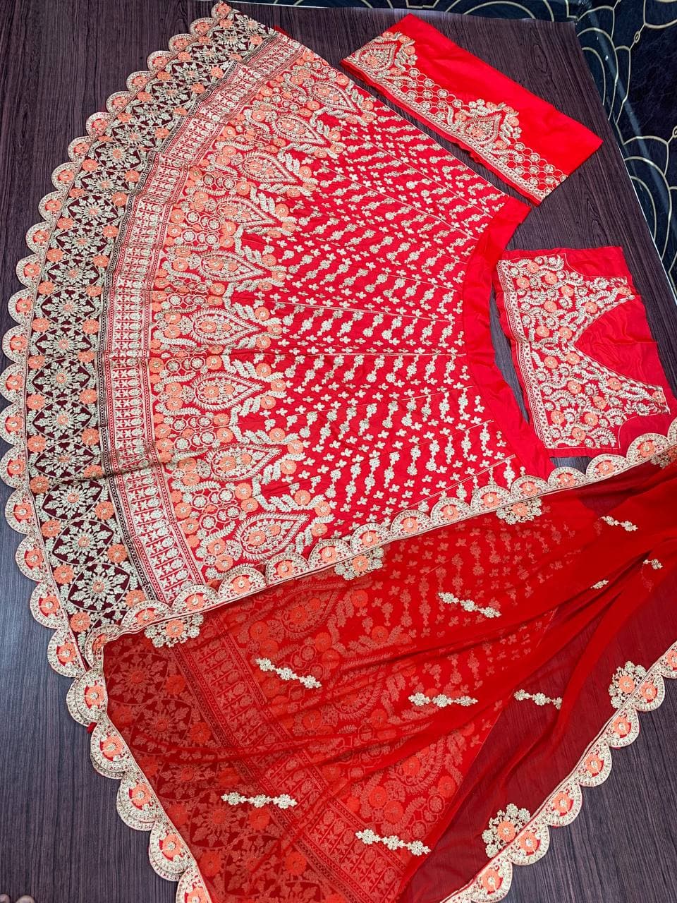 Party Wear Red Color Tapeta Silk Chine Stitched Work Lehenga Choli