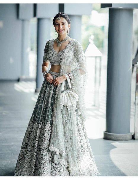 Graceful Grey Color Net Wedding Wear Chine Stitched Work Lehenga Choli For Women