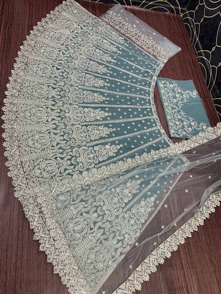 Graceful Grey Color Net Wedding Wear Chine Stitched Work Lehenga Choli For Women