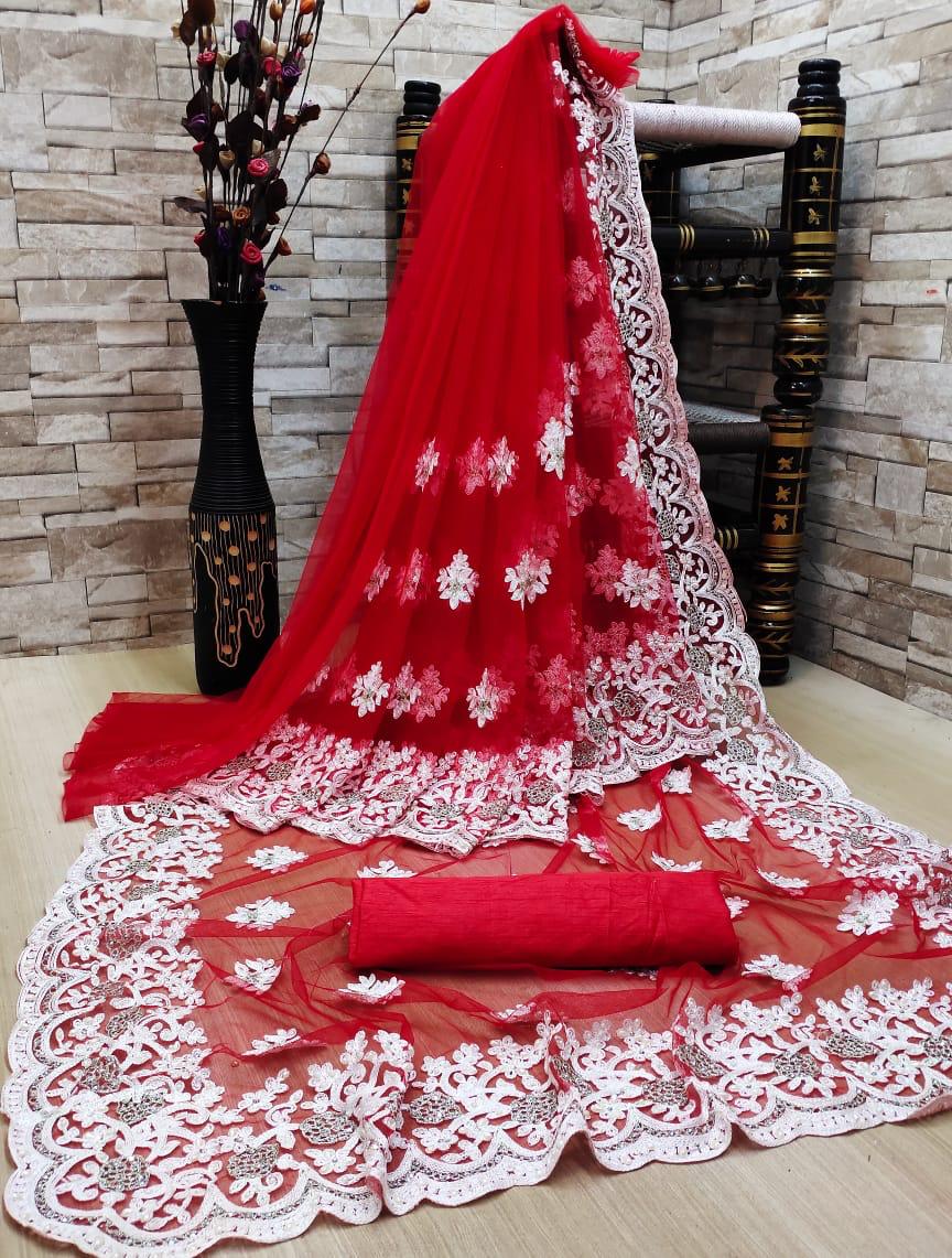 Red Color Festive Wear Soft Net Mono Nylon All Over Chain Stitched Capsule Moti Embroidered Jharkhan Work Designer Saree Blouse