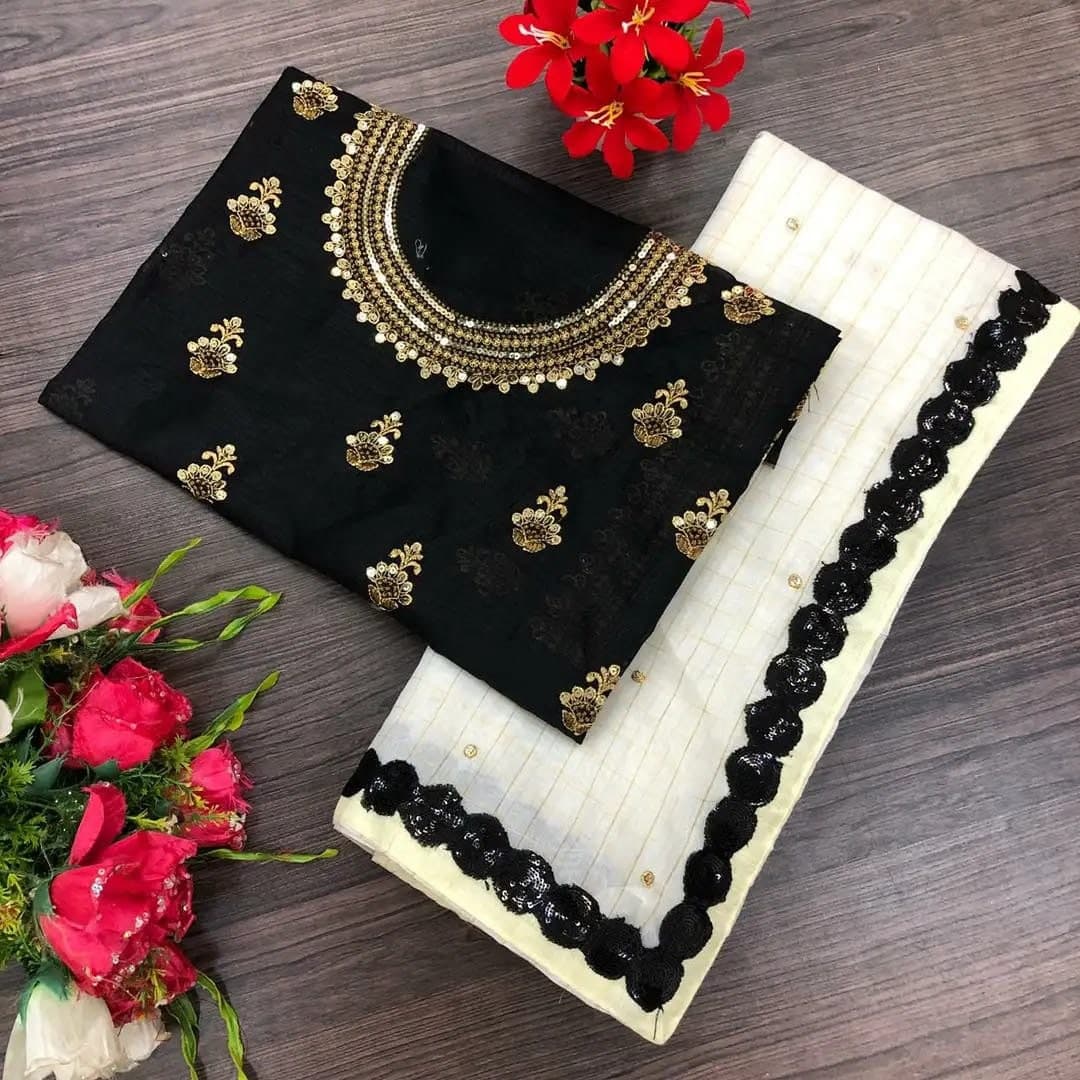 Blooming White Color Chanderi Cotton Sequence Work Saree Blouse Design