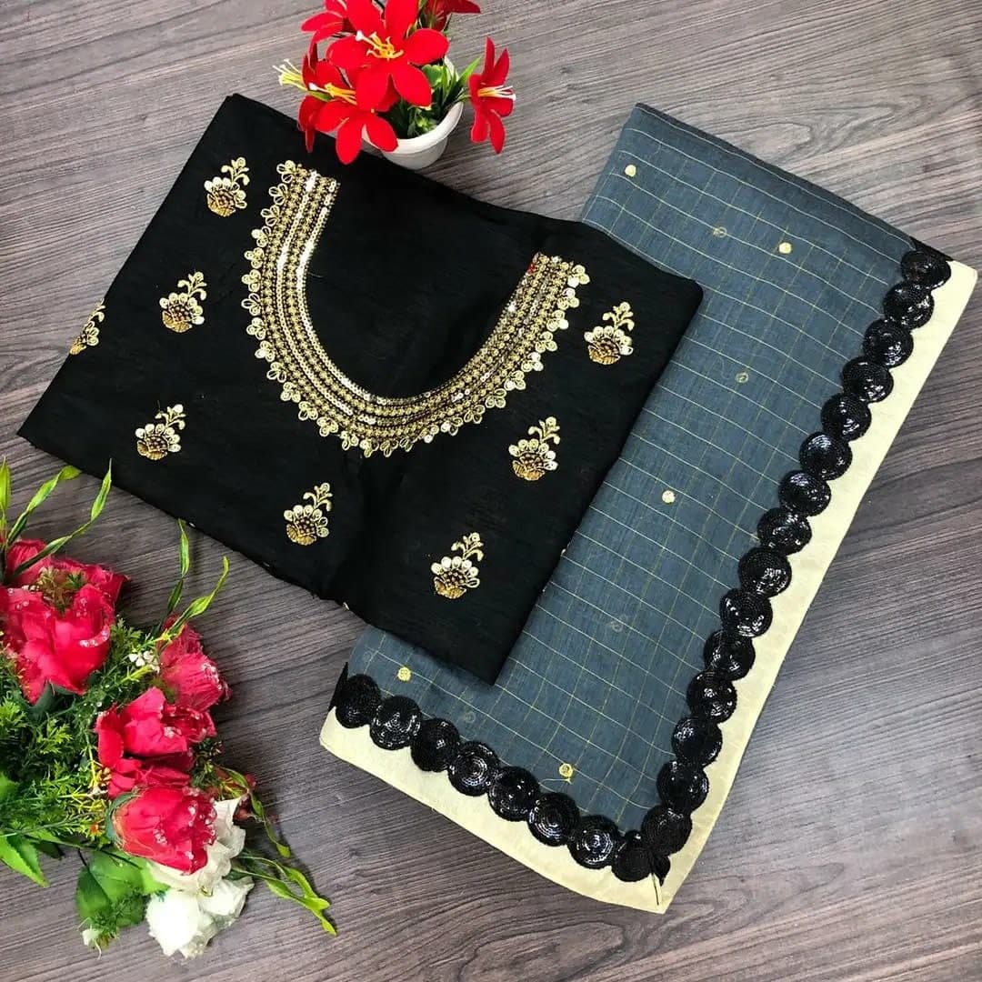 Bewildering Grey Color Occasion Wear Chanderi Cotton Sequence Work Fancy Saree Blouse