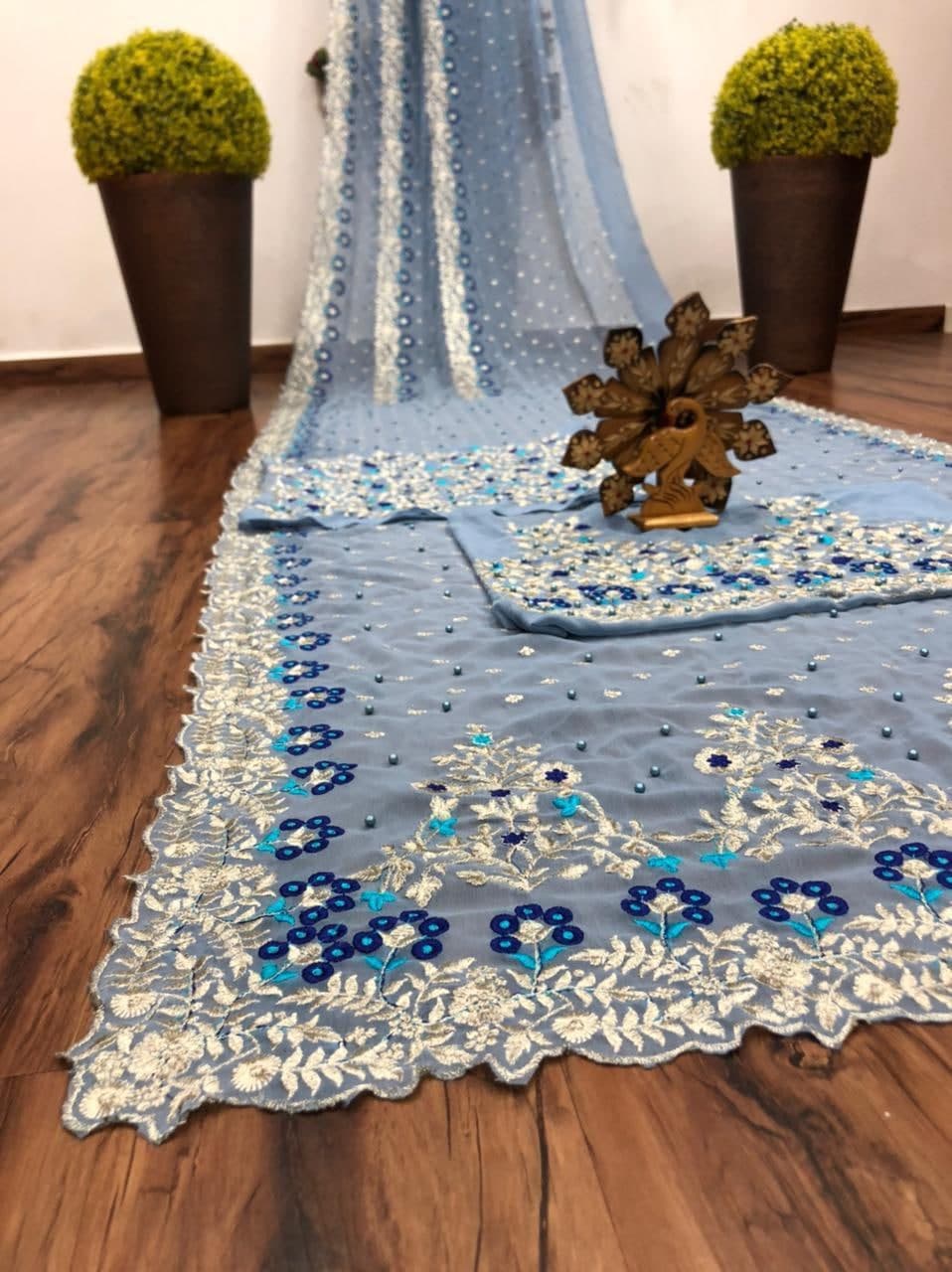 Blue Color Embroidered Pearl Work Georgette Designer Saree Blouse