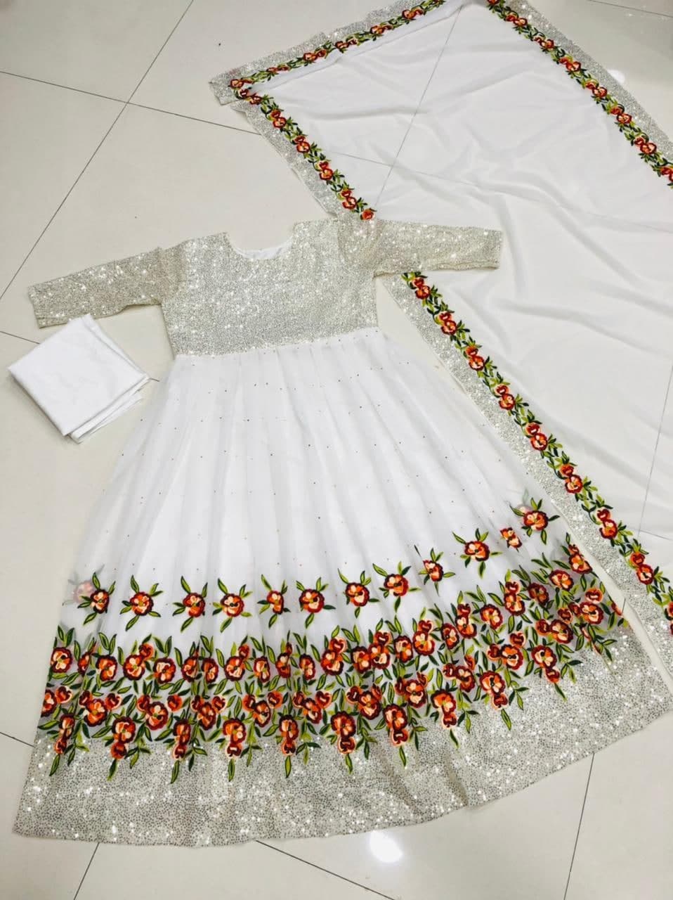 Dazzling White Color Georgette Embroidered Stone Work Salwar Suit
