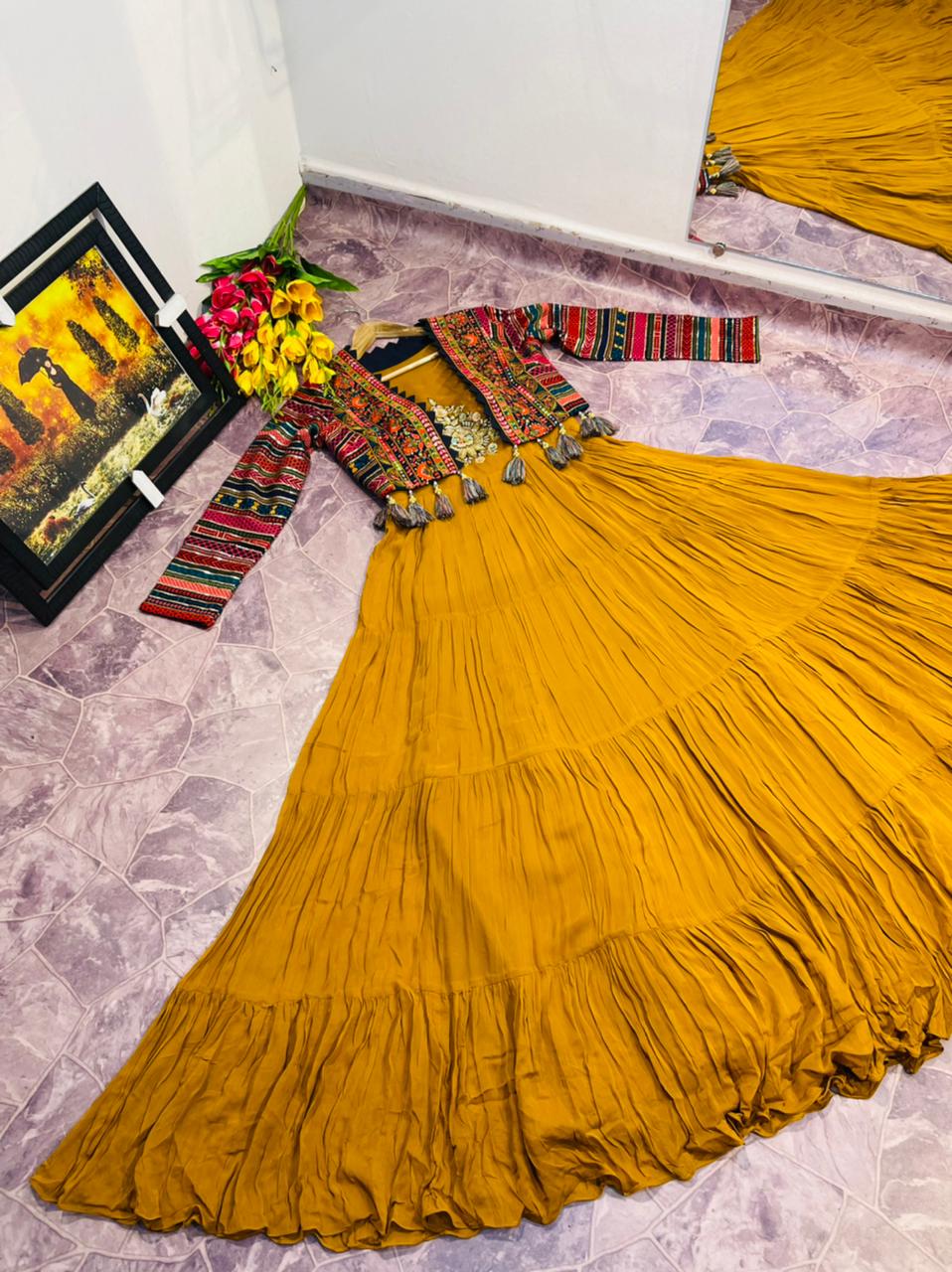 Party Wear Mustard Yellow Georgette Full Flair Ready Made Gown