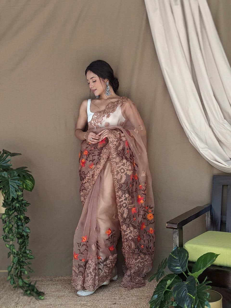 Flamboyant Light Brown Color Festival Wear Thread Work Design Organza Saree Blouse