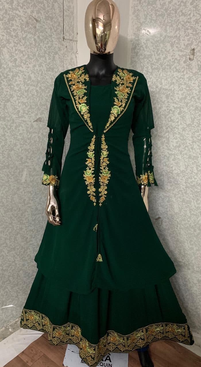 Amazing Bottle Green Color Georgette Embroidered Work Jacket Gown For Women