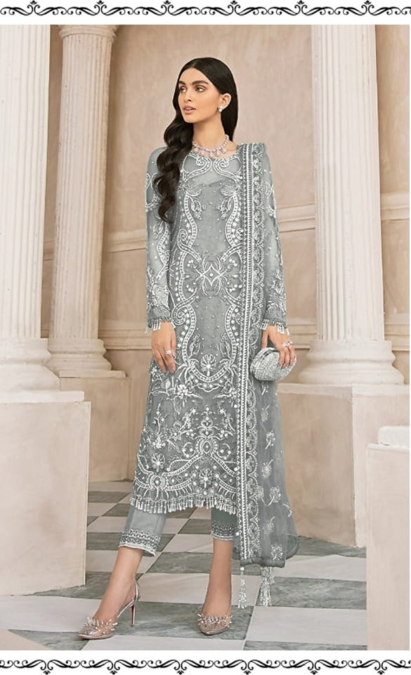 Party Wear Grey Color Fancy Embroidered Sequence Work Heavy Net Salwar Suit