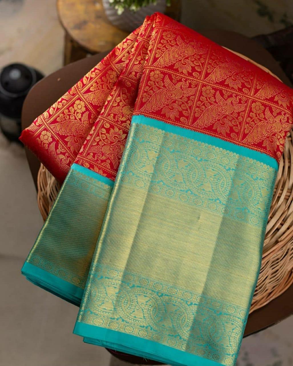 Red Color Wedding Wear All Over Jacquard Work Soft Lichi Silk Designer Saree Blouse