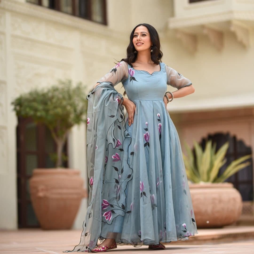 Novelty Blue Color Georgette Printed Festive Wear Dupatta Gown