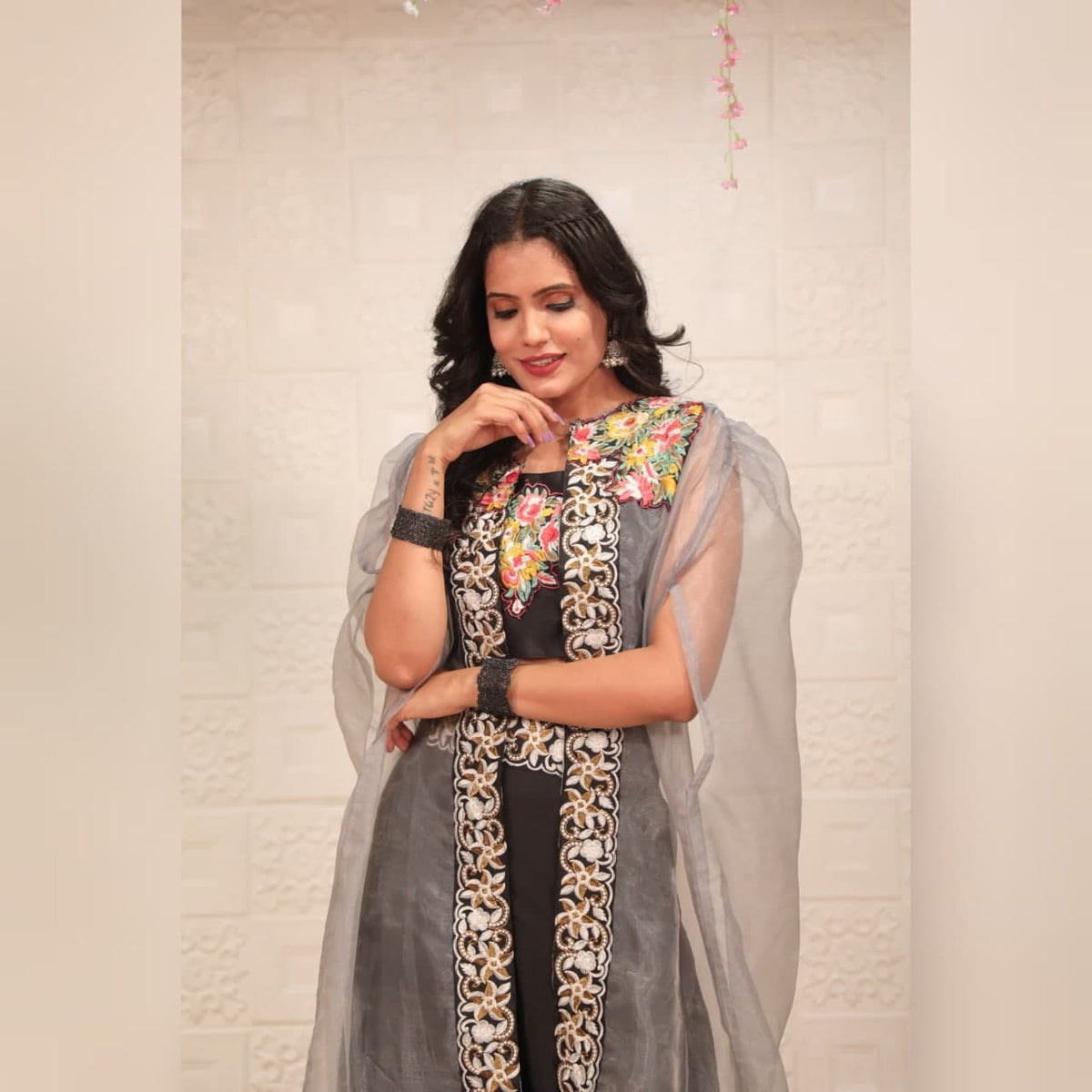 Amazaballs Black Color Thread Work American Crape Indo Western Design