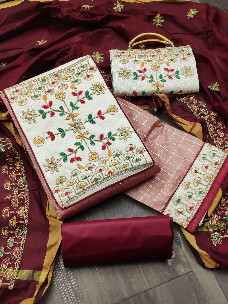 Light Pink Designer Checked Chanderi Semi Modar Embroidered Work Salwar Suit With Purse