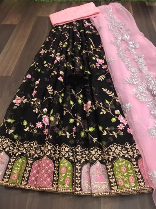 Adorable Black Color Festival Wear Organza Cut Diamond Work Lehenga Choli