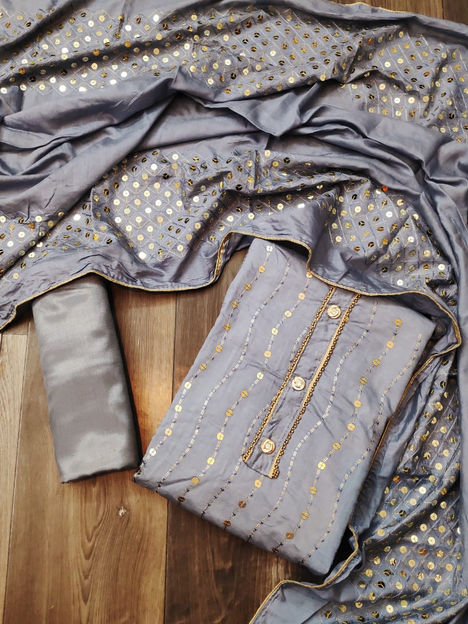 Grey Color Party Wear Soft Semi Modar Chanderi Full Sequence Work Salwar Suit
