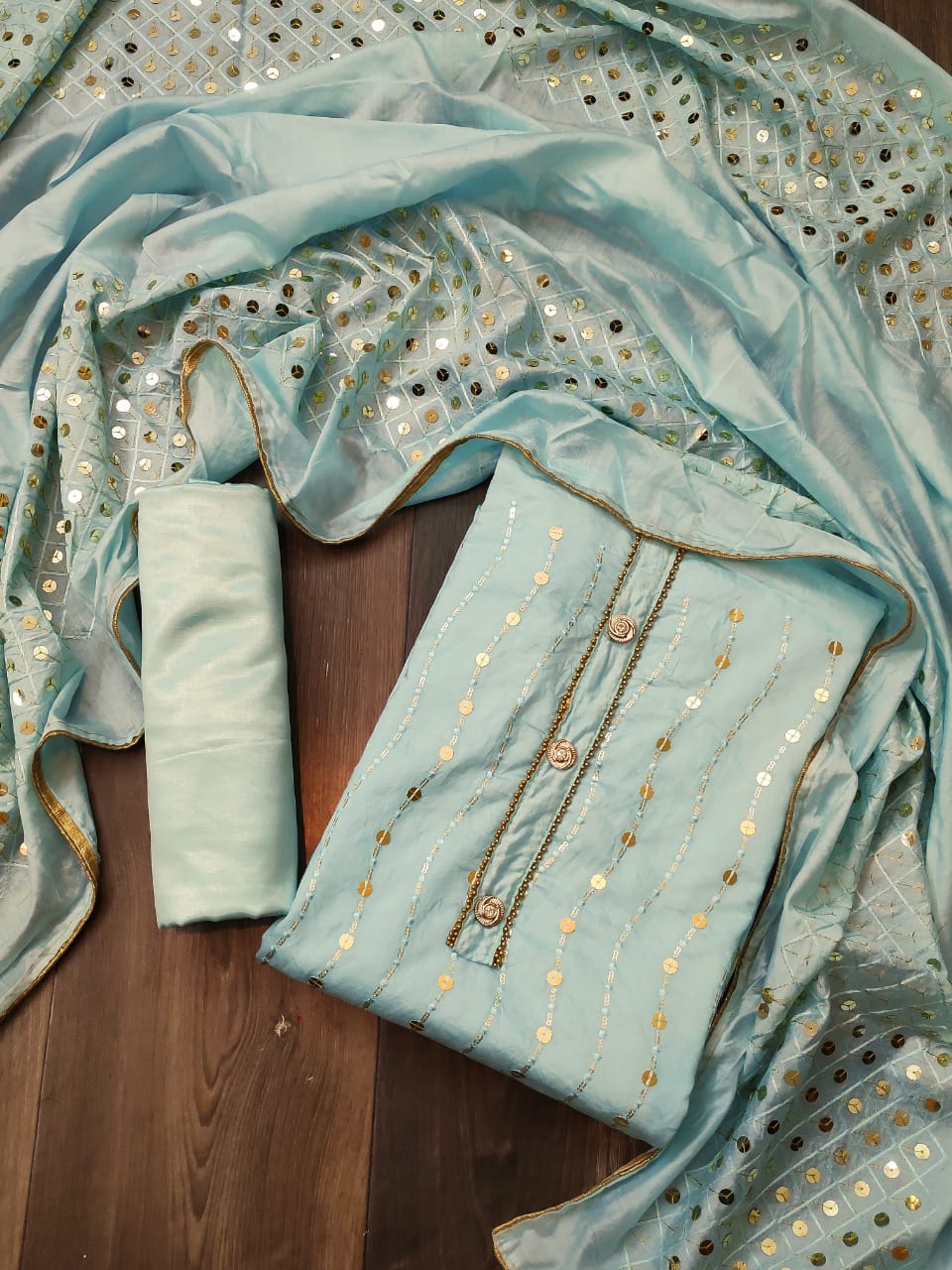 Light Blue Color Occasion Wear Soft Semi Modar Chanderi Designer Sequence Full Work Salwar Kameez