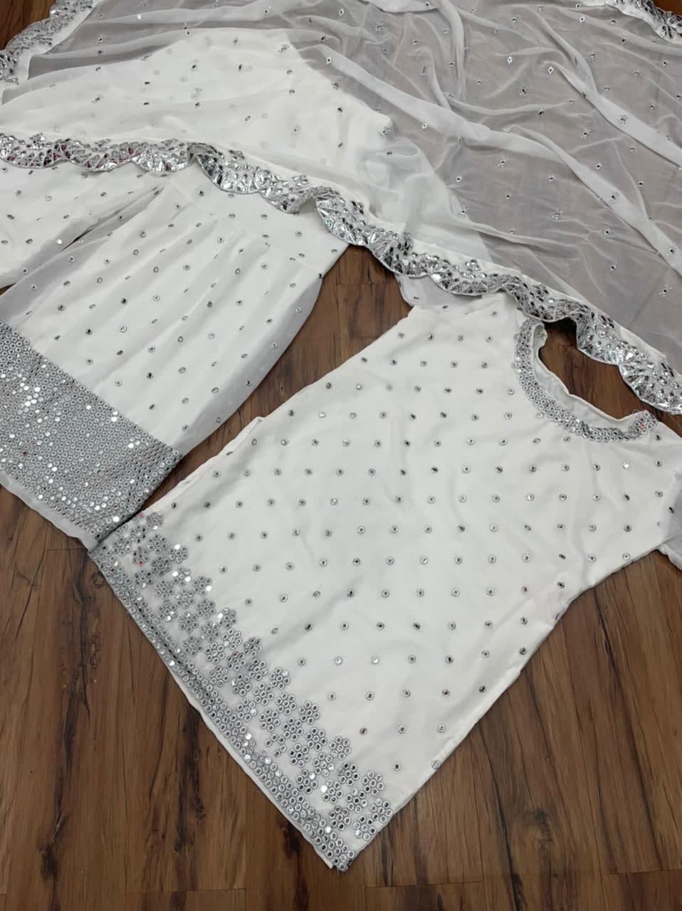 Jazzy White Color Designer Ready Made Georgette Sequence Work Sharara Suit