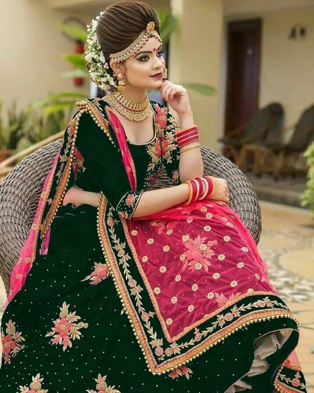 Green Color Machine Diamond Embroidered Work Velvet Tapeta Latest Design Lehenga Choli