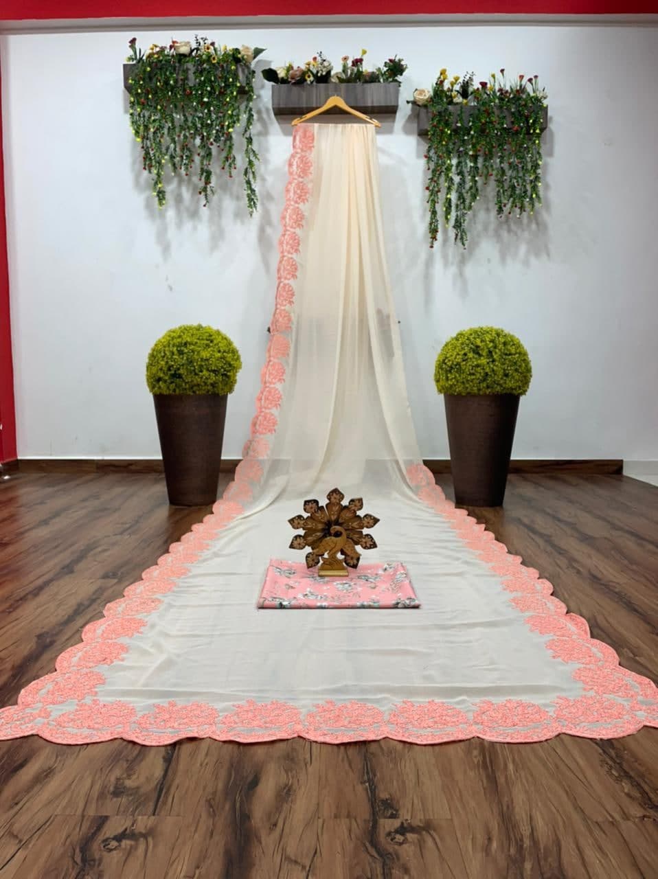 Desirable Peach Color Fancy Chain Stitched Work Georgette Saree Blouse