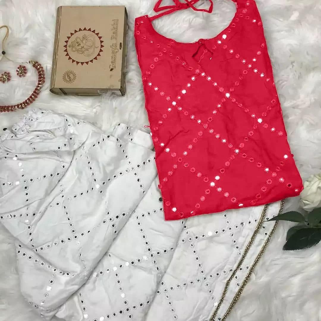Red Color Ready Made Cotton Embroidered Work Plazo Kurti
