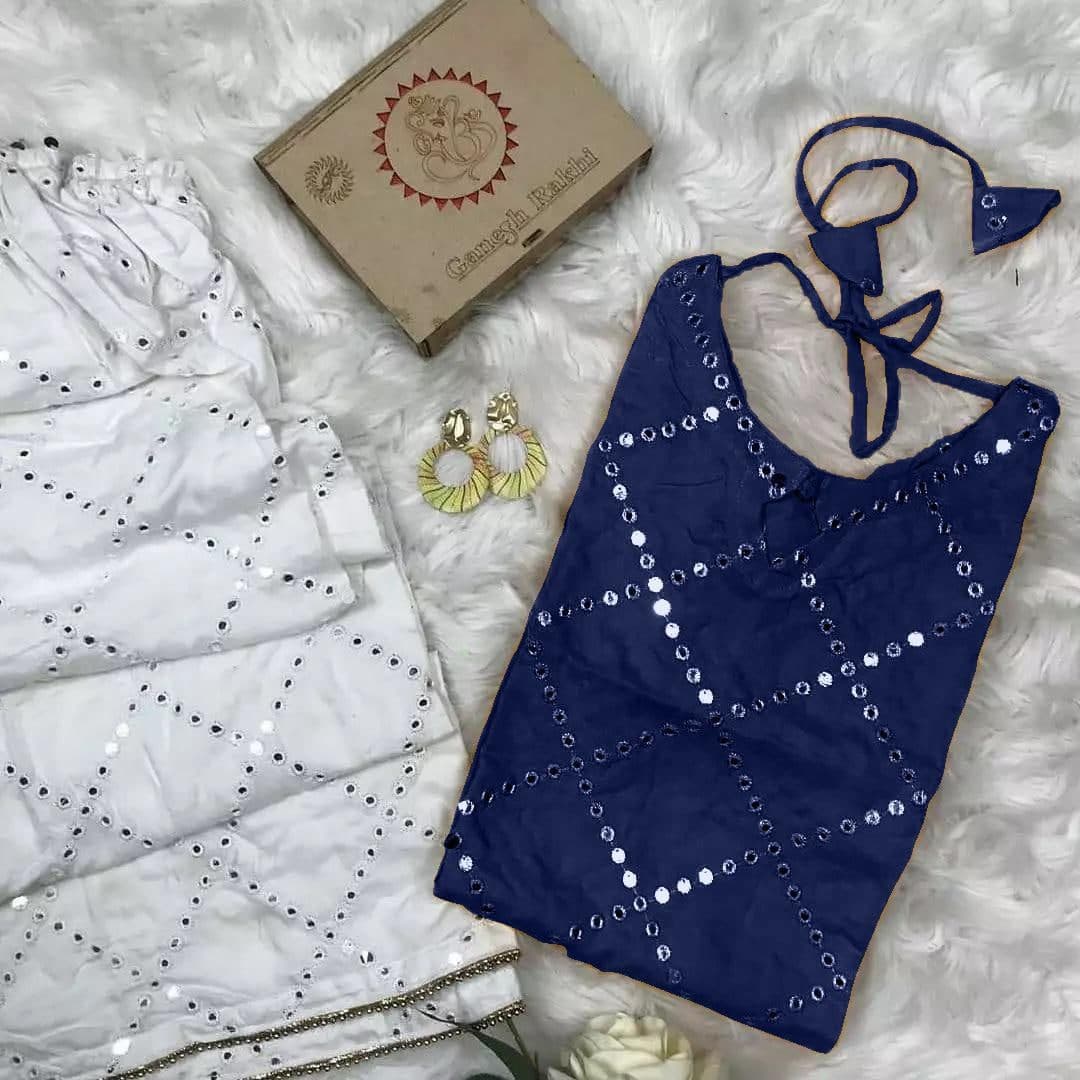 Dazzling Blue Color Casual Wear Cotton Rayon Sequence Work Ready Made Plazo Kurti