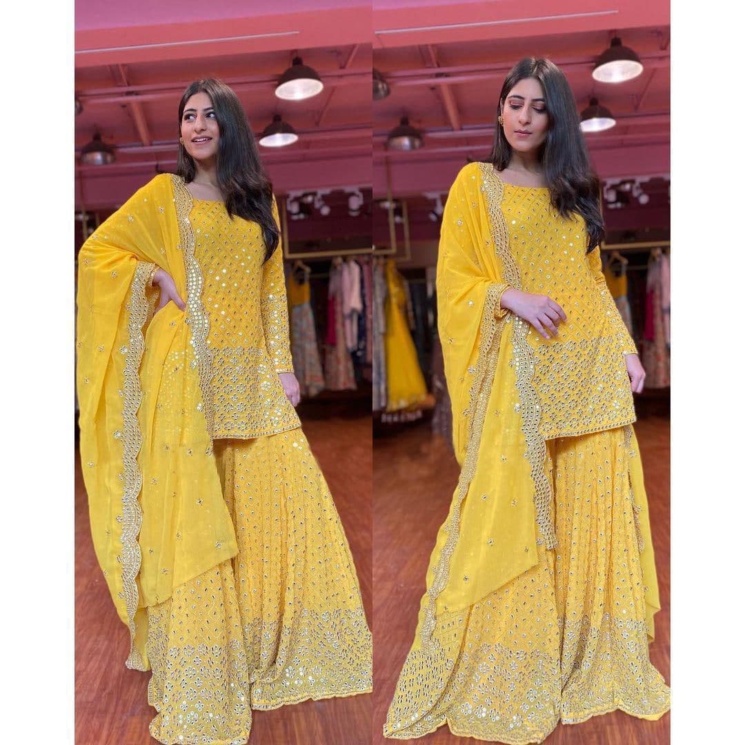Striking Yellow Color Festive Wear Georgette Embroidered Work Plazo Salwar Suit