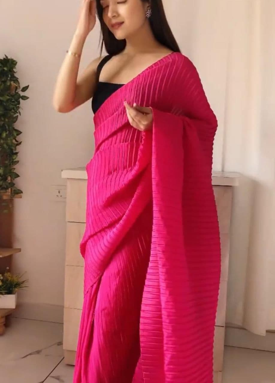 Attractive Rani Pink Color Pleated Design Work Georgette Saree Blouse