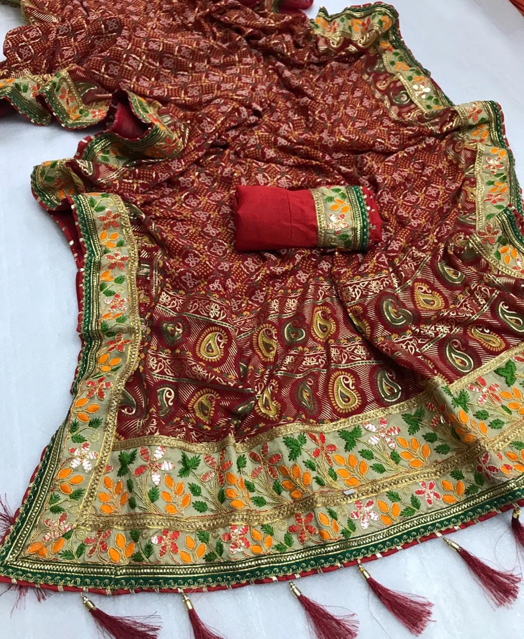 Maroon Color Wedding Wear Soft Georgette Foil Mill Printed Work Bandhani Design Designer Saree Blouse