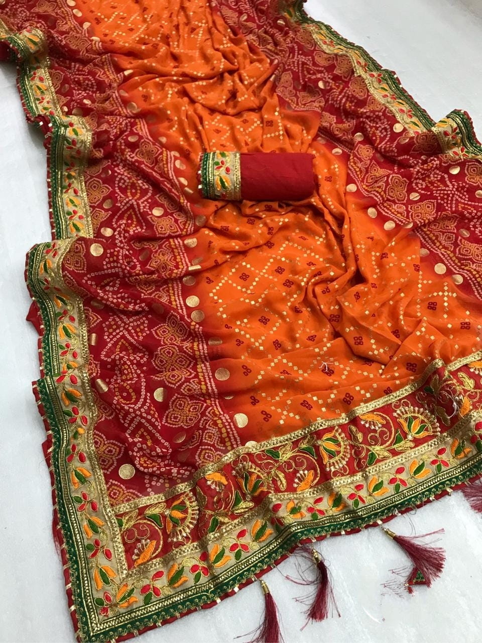 Orange Color Party Wear Printed Foil Mill Work Soft Georgette Bandhani Designer Saree Blouse