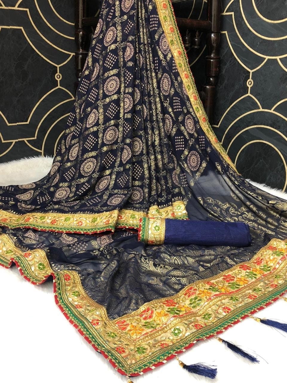 Navy Blue Color Designer Foil Printed Mill Work Bandhej Soft Georgette Designer Saree Blouse