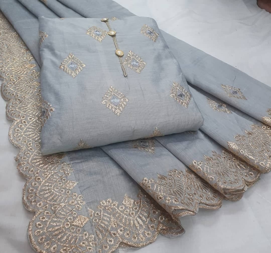 Grey Color Chanderi Design Hand Work Salwar Kameez