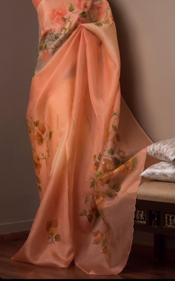 Majesty Orange Color Organza Printed Saree Blouse For Running Wear