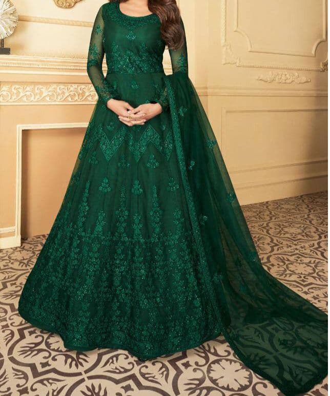 Sensational Green Color Occasion Wear Net Chain Stitched Work Salwar Suit