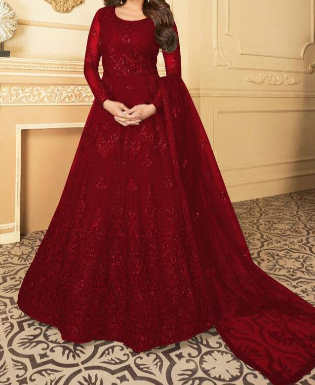 Stunning Red Color Designer Embroidered chain Stitched Work Net Salwar Suit
