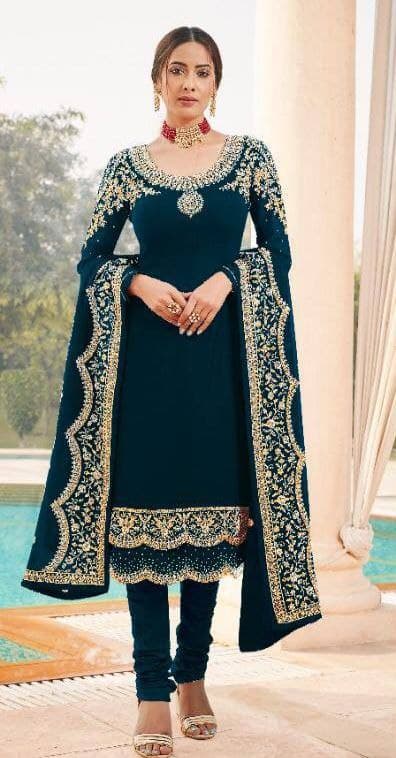 Thrilling Rama Color Stone Embroidered Work Georgette Salwar Suit
