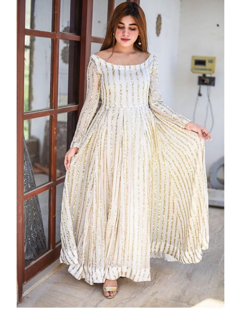 Off White Color Full Stitched Party Wear Sequence Work Designer Georgette Gown
