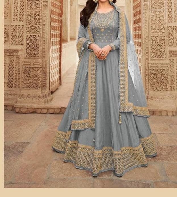 Adorable Grey Color Embroidered Work Dola Silk Occasion Wear Indo Western