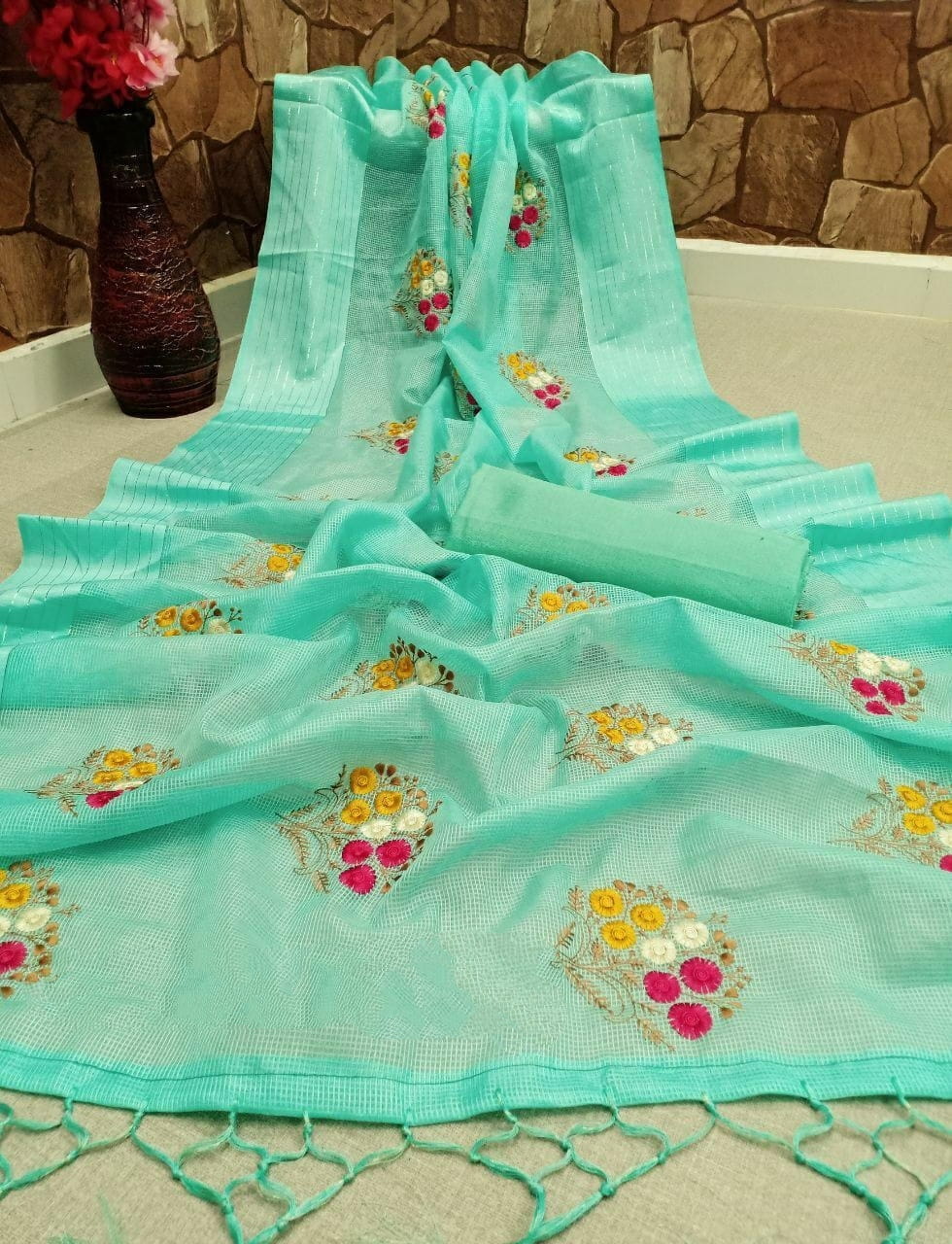 Light Blue Color Designer Cotton Satin Patta Fancy Multi Embroidered Work Festive Wear Designer Saree Blouse