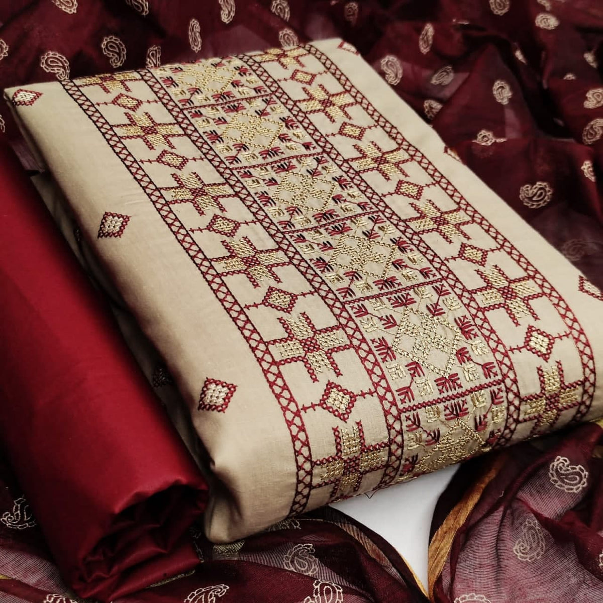 Graceful Cream Color Party Wear Embroidered Work Cotton Salwar Suit