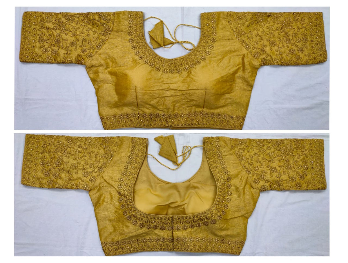 Party Wear Golden Blouse Full Stitched Thread Zari Work Fantam Silk Blouse