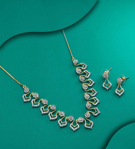 Festive Wear Golden Imitation White Color Diamond Necklace Set