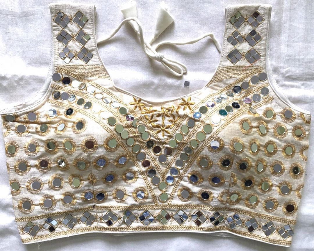 White Color Fancy Real Mirror Sequence Zari Thread Hand Work Phantom Silk Blouse
